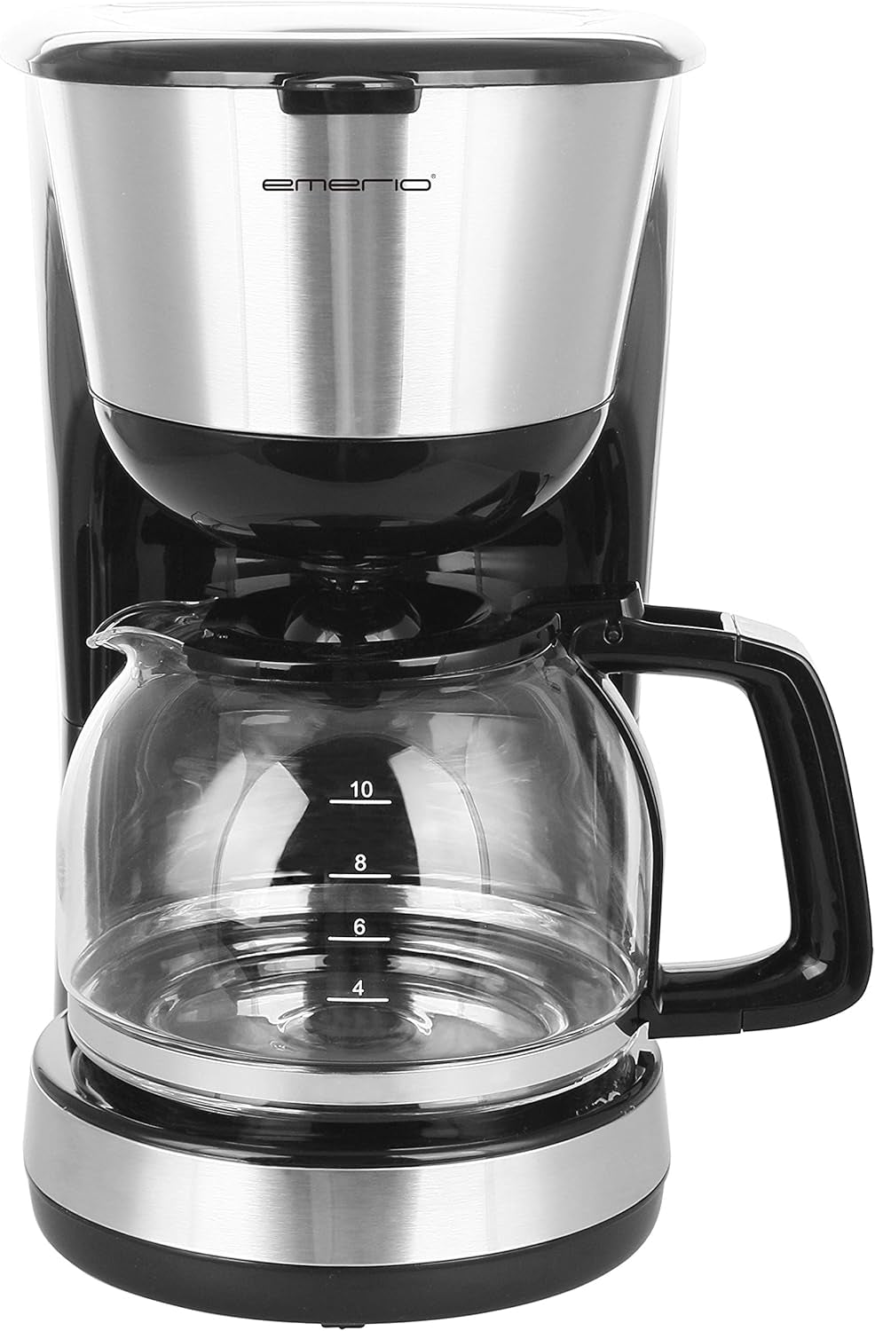 Emerio CME-122933, Cafetieră cu filtru, 1,25 l pentru până la 10 cești de cafea proaspătă, filtru permanent detașabil, funcție anti-picurare, carafă din sticlă, oprire automată, 1000 wați, negru/argintiu