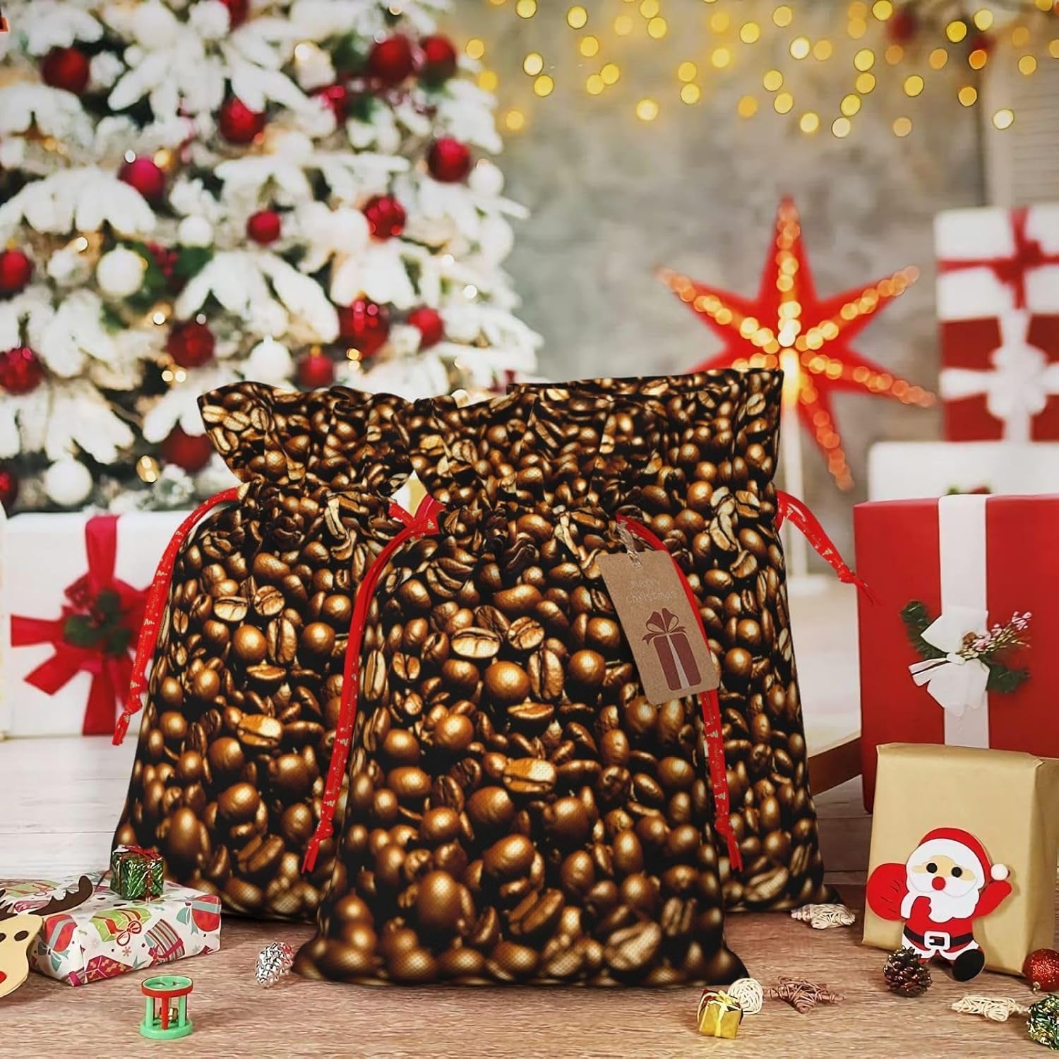 Lustige geröstete Kaffeebohnen, Weihnachtsbeutel mit Kordelzug, robust, 11,9 x 17,5 cm, geeignet für Partygeschenke und Geschenkverpackung, 1 Stück