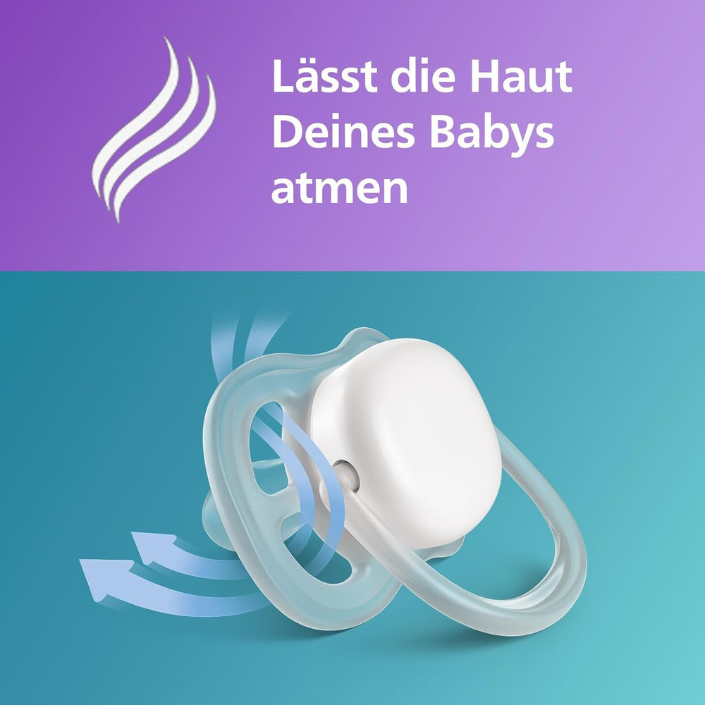 Suzetă Philips Avent Ultra Air - set de 2 suzete, fără BPA, respirabile, pentru bebeluși de la 18 luni, inclusiv cutie de transport și sterilizare, Whale/Whale (Model SCF349/24)