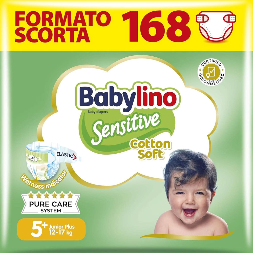 Babylino Pañales sensibles y delicados para niños, varias tallas Madre e Hijo Naty Shop Talla 5+ (168 piezas)