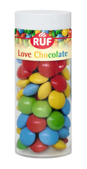 Decoraciones de lentejas y chocolate RUF Love Chocolate, elaboradas con fino chocolate con leche con un glaseado de azúcar crujiente y colorido, 75 g por caja