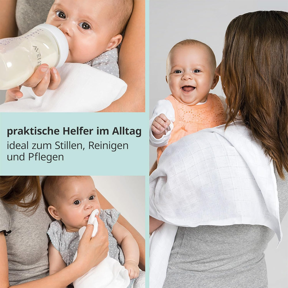 MAKIAN Cuadrados de muselina, paquete de 10, 80x80 cm, certificado Oeko-TEX® Standard 100, 10 paños para eructar de primera calidad - Cuadrados de tela de doble tejido / Cuadrados de muselina, resistentes a la ebullición - Blanco