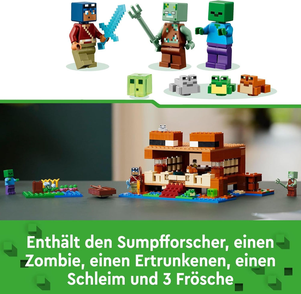 LEGO Minecraft La Casa de la Rana, casa de juguete con figuras que incluyen zombi, limo y hombre que se ahoga, además de accesorios como bote de juguete y banco de trabajo, regalo para niños y niñas a partir de 8 años 21256 Juegos de construcción Besuche den LEGO-Store