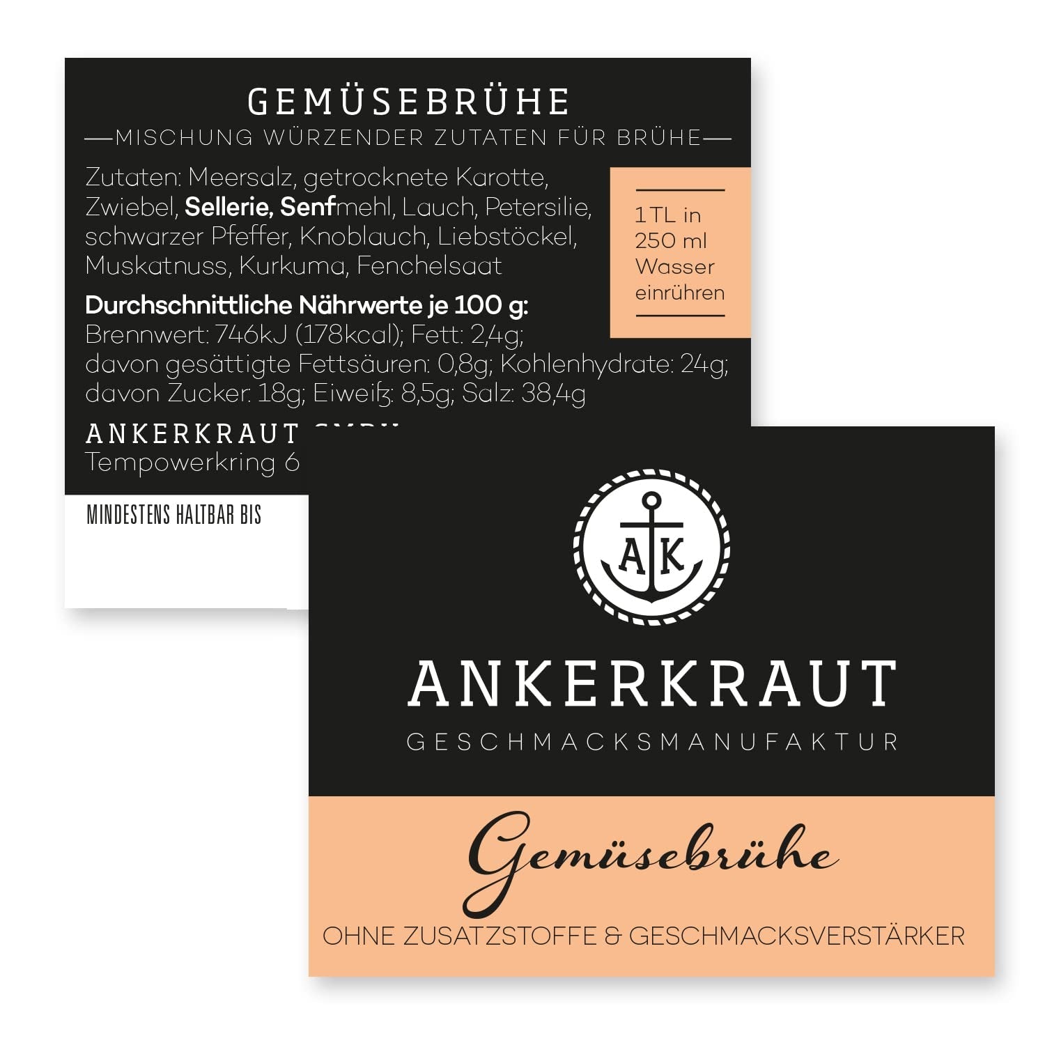 Ankerkraut Gemüsebrühe, ohne Geschmacksverstärker, ohne Zucker, 90g im Korkenglas, Mischung würzender Zutaten für Brühe