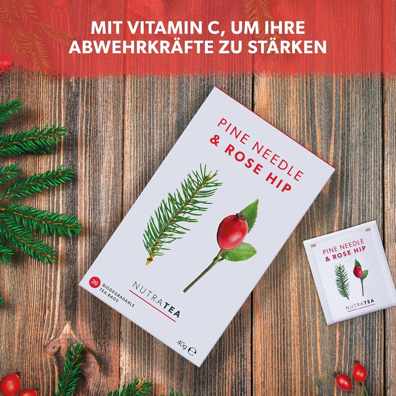 Nutra Tea Măceșe &amp; Ace de pin, ceaiul din ace de pin contribuie la întărirea sistemului imunitar natural al organismului, la menținerea funcției rinichilor și vezicii urinare, 20 pliculețe de ceai reutilizabile, ceai din măceșe