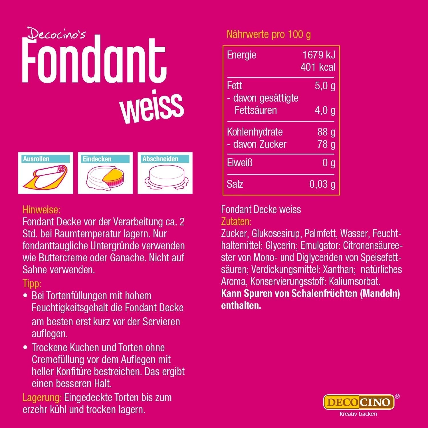 DECOCINO Rollfondant Decke Weiß – 300G – Gebrauchsfertige Fondant-Decke, Zum Eindecken & Verzieren Von Torten Und Kuchen – Glaseados y decoración veganos y sin gluten Naty Shop