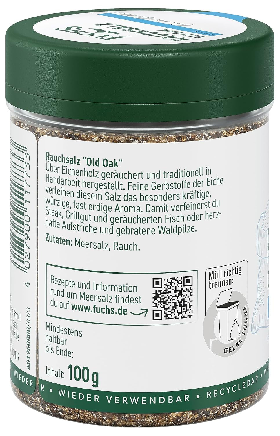 Fuchs Gewürze - Rauchsalz "Old Oak" - über Eichenholz geräuchert, rauchiger Gesmack für Grillfleisch oder Fisch - natürliche Ingrediente - 100 g en wiederverwendbarer, recyclebarer Dosis