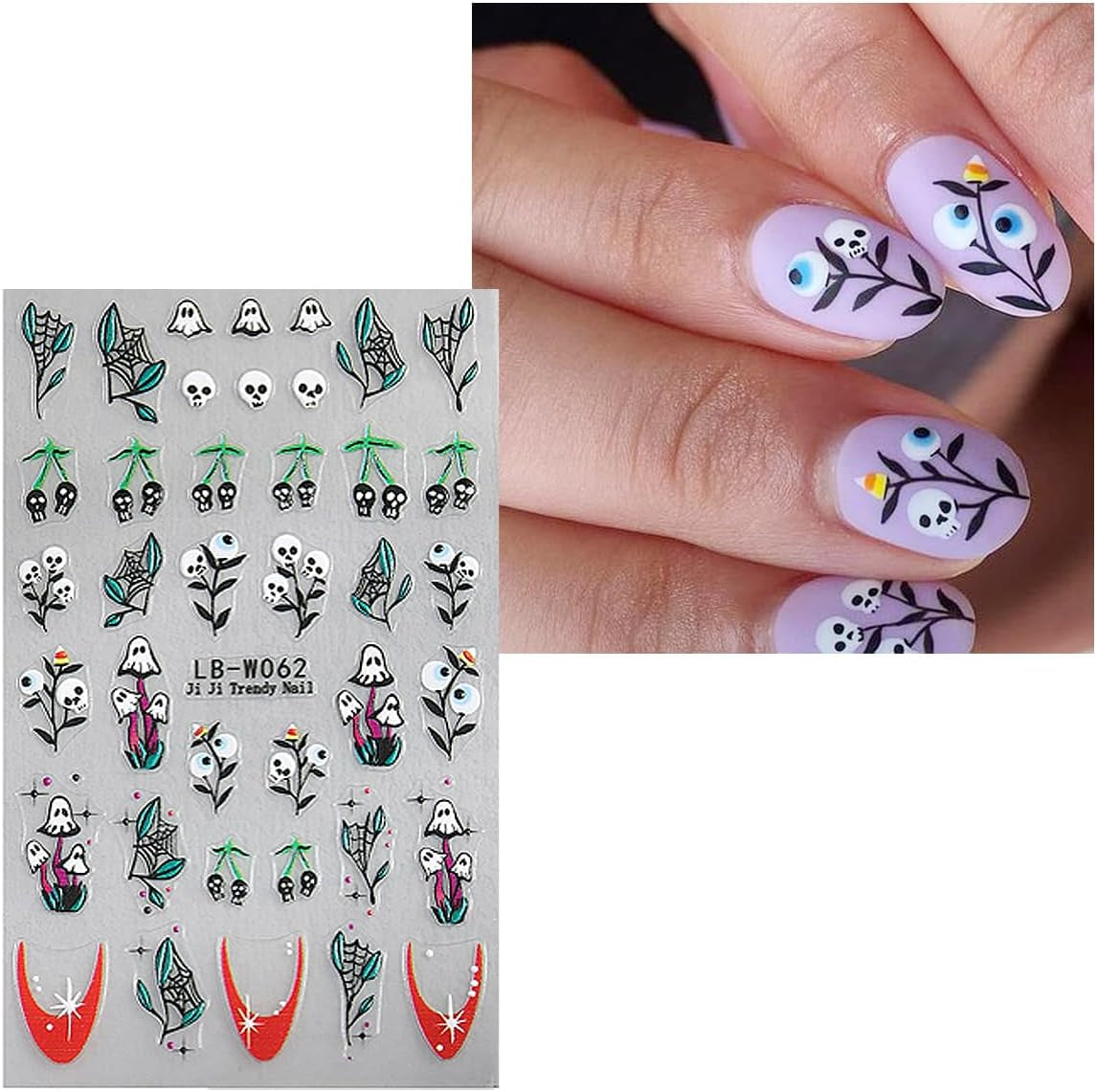 JMEOWIO Nagelsticker Halloween 9 Blatt Nail Art Sticker Selbstklebend Nagelaufkleber Süße Geisterblume Dekoration Nageldesign Zubehör