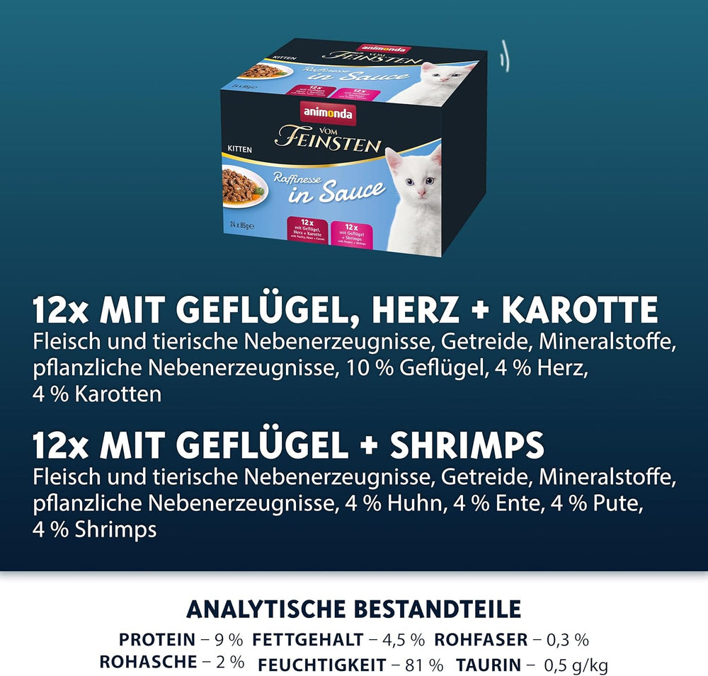 animonda vom Feinsten Premium Kitten Hrană umedă pentru pisici, Arome rafinate în sos, 24 pliculețe (24 x 85g), Hrană umedă de înaltă calitate pentru pisici, fără zahăr, Mix variat