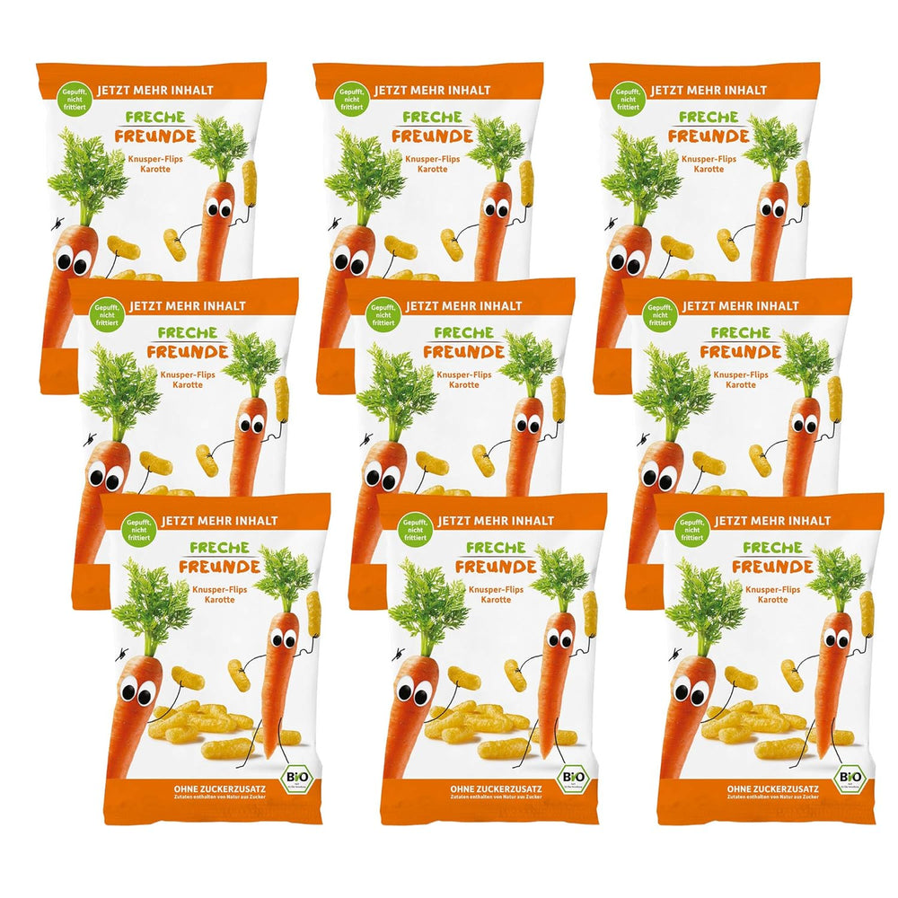 Chips de Frutas Bio "100% Fresa" Chips de Frutas Fresa Liofilizados (12 x 12g) y Nuevas Flips Crujientes de Maíz y Zanahoria Bio, Snack Bio, A partir de 1 año, (9 x 30g) 270g