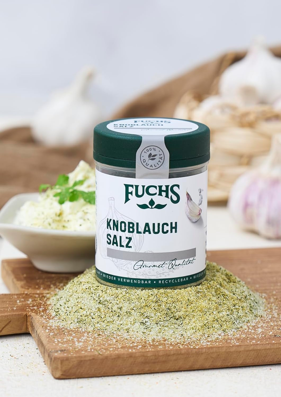 Fuchs Gewürze - Knoblauchsalz - Gewürzsalz für Dips, Saucen und Gemüse - ingredientes naturales - 90 g en wiederverwendbarer, recyclebarer Dosis