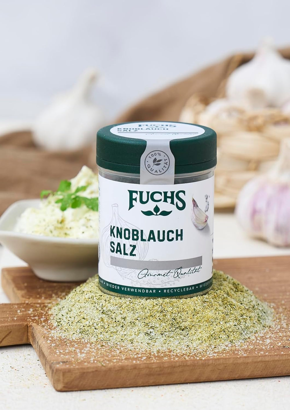 Fuchs Gewürze - Knoblauchsalz - Gewürzsalz für Dips, Saucen und Gemüse - ingredientes naturales - 90 g en wiederverwendbarer, recyclebarer Dosis