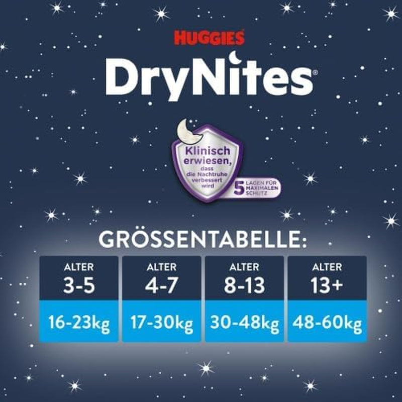 Huggies DryNites pañales nocturnos súper absorbentes para niñas de 4 a 7 años, 4 x 16 pañales tipo panty (64 unidades), paquete mensual