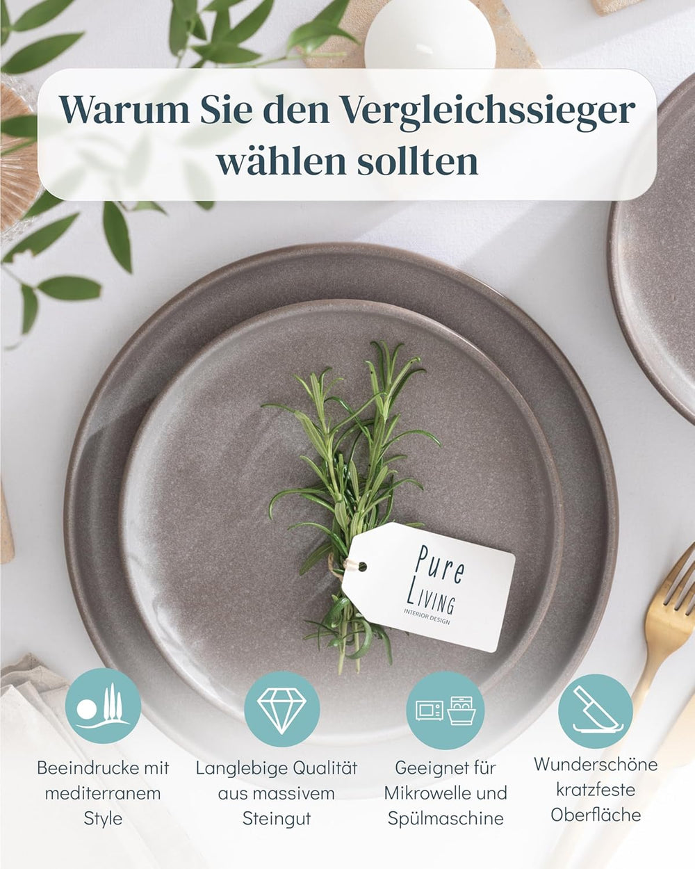 Set de veselă din gresie pentru 12 persoane, 36 de piese, stil urban de înaltă calitate, TEST FOARTE BUN, Set de veselă din gresie - Set bol și farfurie - Serviciu de cină pentru 12 persoane, Seturi de veselă Pure Living în gri mat-maro