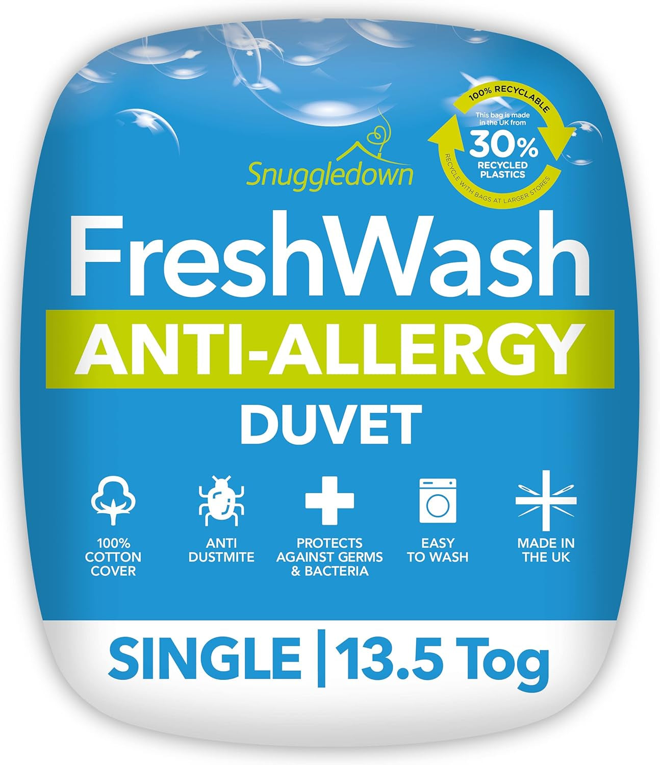 Plapumă pentru alergii Snuggledown Freshwash, 13,5 Tog Winter Warm, bumbac, alb, pat single Plapumi si pilote Naty Shop Geamăn 13.5 Tog