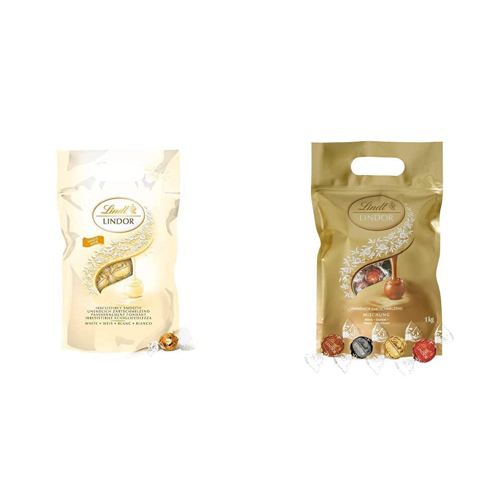 LINDOR bolitas de chocolate blanco, 1 kg y LINDOR | Bolsa resellable de 1 kg | aprox. 80 bolitas de chocolate con leche con relleno de menta | Paquete a granel, regalo de praliné, regalo de chocolate.