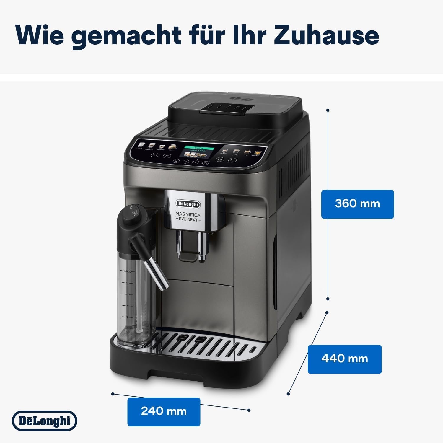 De'Longhi Magnifica Evo Next - Perfetto Espressor complet automat cu spumator de lapte LatteCrema, 13 băuturi cu o singură atingere, aparat de cafea și cappuccino, ecran tactil color, titan (ECAM312.80.TB)