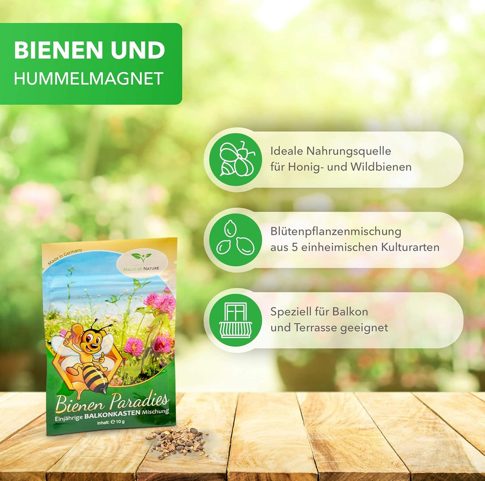 Magic of Nature Mezcla para cajas de balcón - 10 g de semillas - Plantas aptas para las abejas - Fácil de usar - Paraíso de las abejas - 5 especies nativas cultivadas - Adecuado para jardineras y maceteros