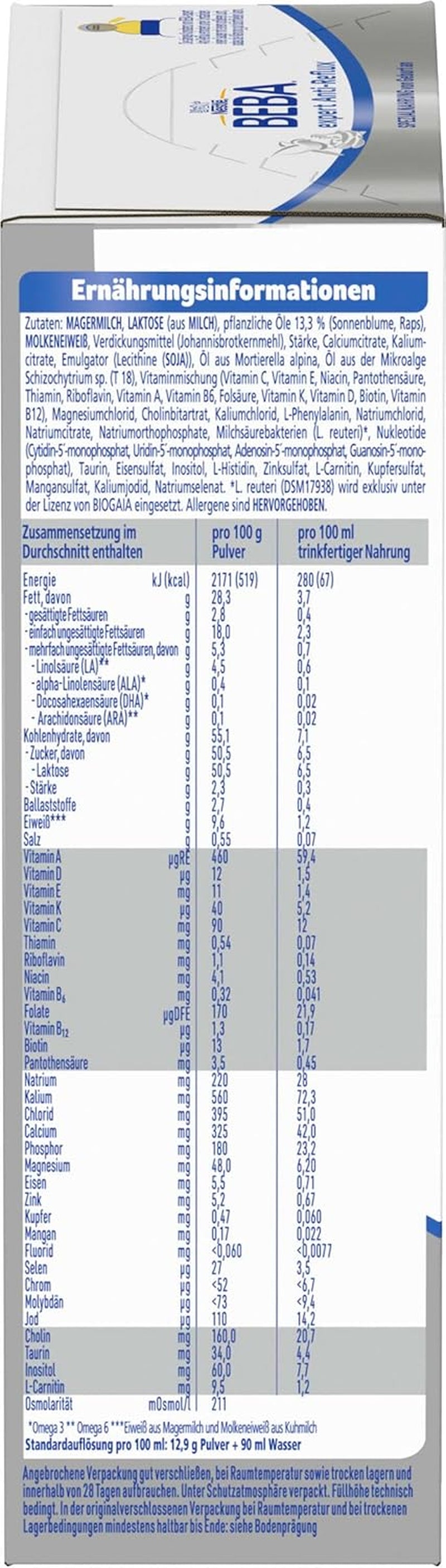BEBA expert Anti-Reflux - AR Fórmula especial desde el nacimiento, para aumento de eructos y vómitos, papillas, leche en polvo para bebés, 1 paquete (1 x 500 g)