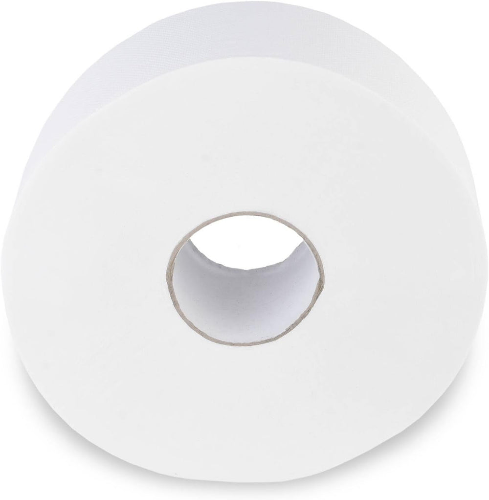 Hârtie igienică Quicky Jumbo 2 straturi, 25 cm Ø, alb strălucitor, relief cu puncte fine, 6 role - absorbantă și rezistentă la rupere pentru igienă maximă, ideală pentru instituțiile publice și industrie