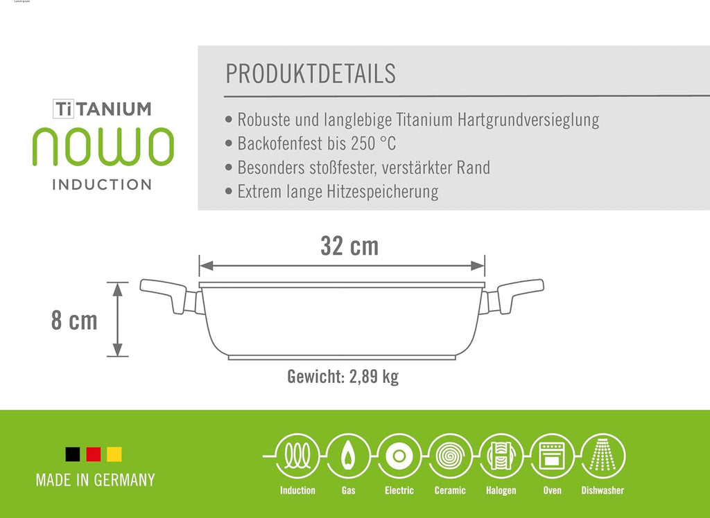Woll Nowo Titanium Kasserolle - Induktiv -, Ø 32 Cm, 8 Cm Hoch, 5.5 Liter, Mit 2 Seitengriffen - Geeignet Für Alle Herdarten Matrite si tavi pentru copt Naty Shop