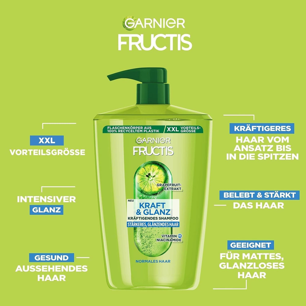 Garnier Fructis Strength And Shine Champú fortalecedor con extracto de pomelo XXL, 1 litro Garnier Ducha y baño