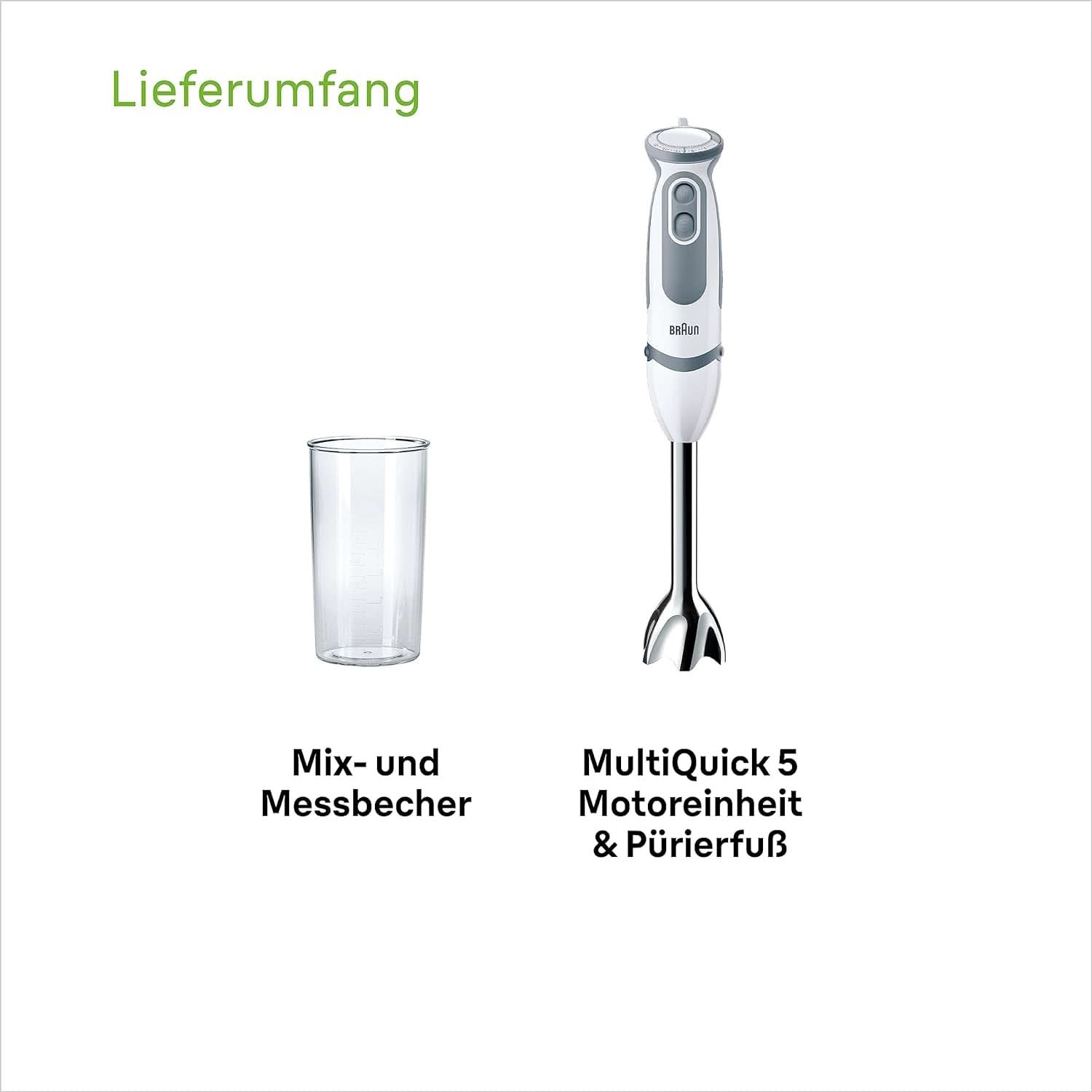 Braun Stabmixer MQ 5200WH - Multiquick 5 Vario Pürierstab Mit Edelstahl Mixfuß, 1000 Watt, Inkl. 600 Ml Mix- & Messbecher, Weiß/Grau Cocina Naty Shop