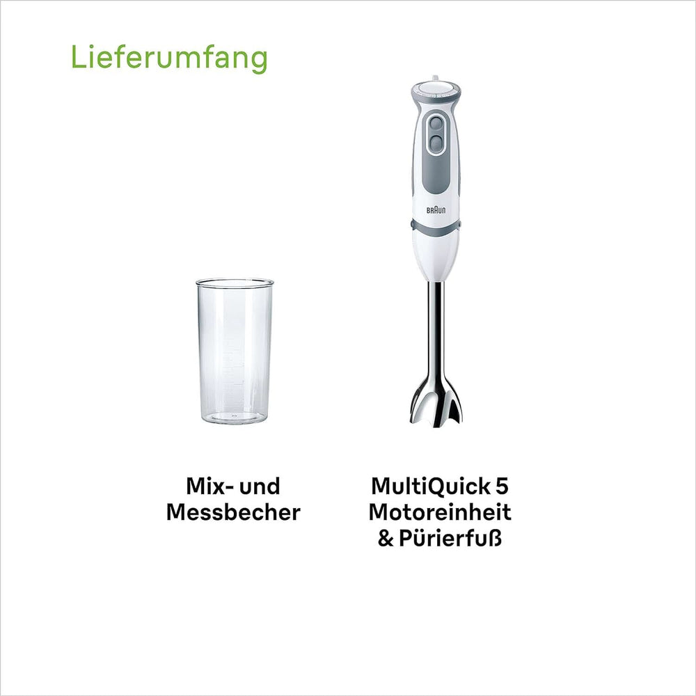 Braun Stabmixer MQ 5200WH - Multiquick 5 Vario Pürierstab Mit Edelstahl Mixfuß, 1000 Watt, Inkl. 600 Ml Mix- & Messbecher, Weiß/Grau Cocina Naty Shop