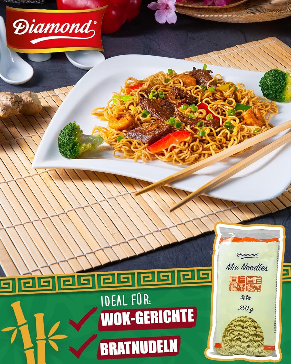 DIAMOND Mie Noodles, fideos de trigo sin huevo, rápidos y fáciles de preparar, vegetarianos - 8 x 250 g