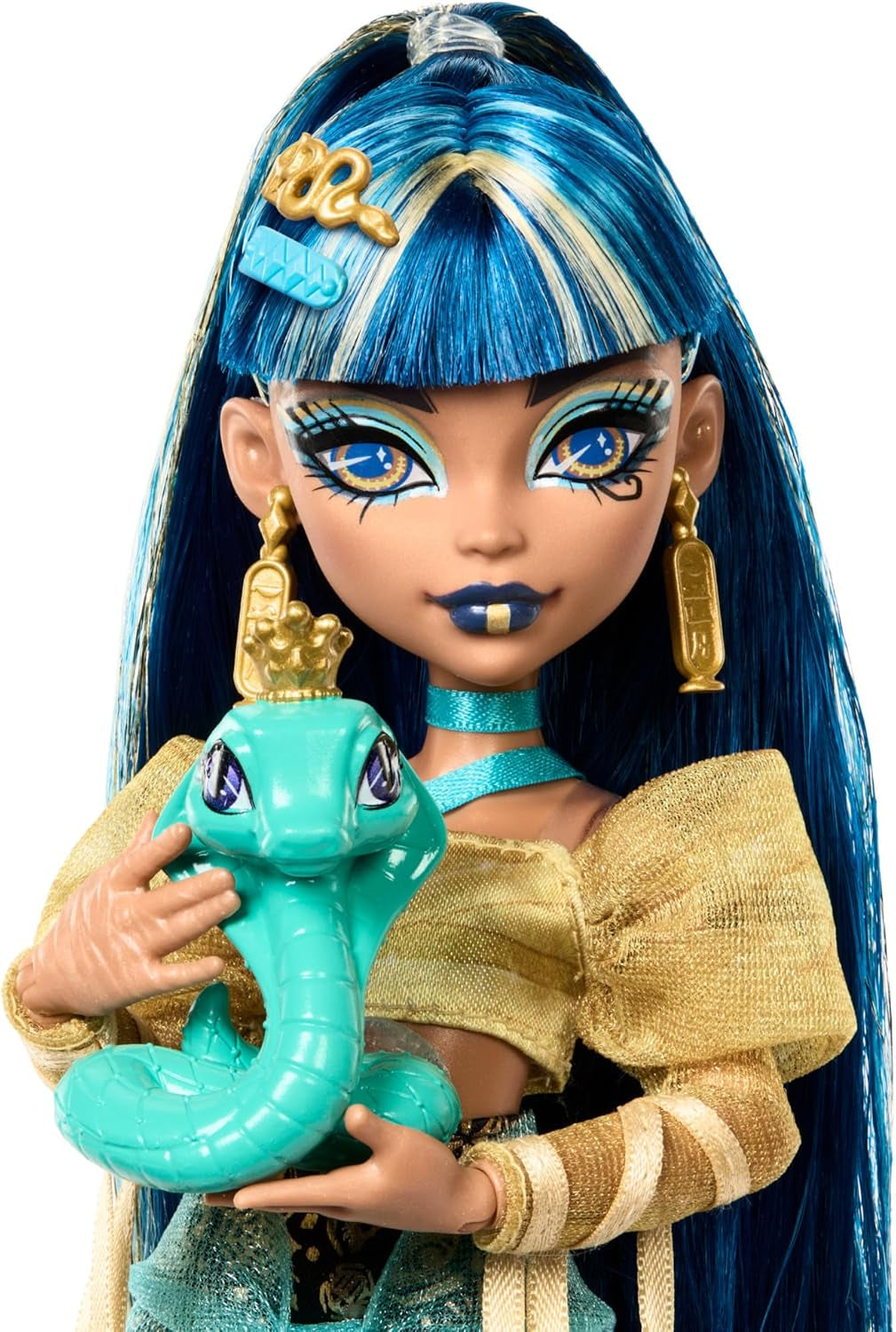 Muñeca Monster High Cleo De Nile con Blusa Dorada y Falda a Capas, Incluye Mascota Cobra Hissette y Accesorios como Mochila, Bocadillo y Rollo de Papel, HXH74 Muñecas Naty Shop