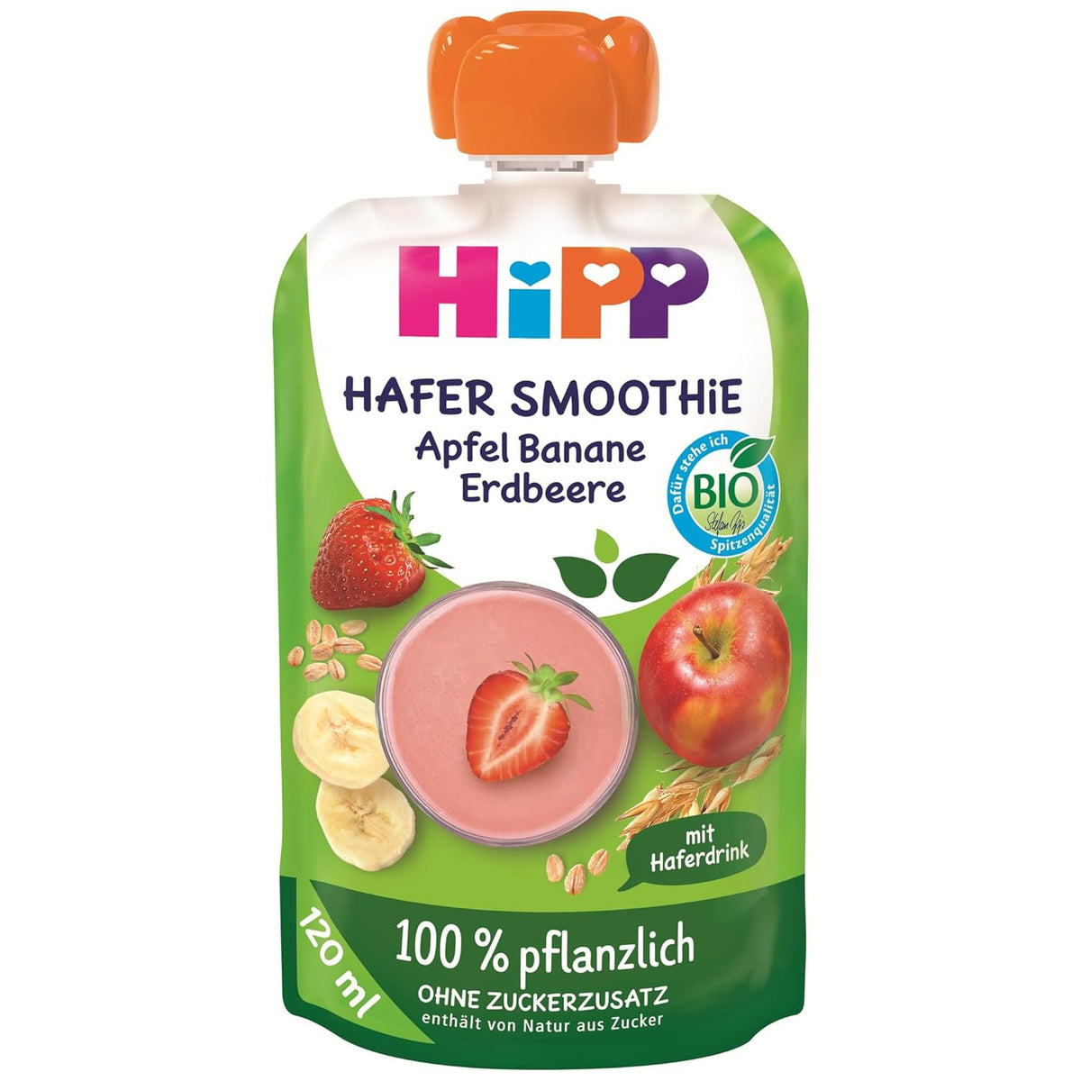 HiPP Bio Quetschie Hafer Smoothie Apfel Banana Erdbeere mit Haferdrink (6 x 120 ml), desde 1 año, 100% pflanzlich, sin Zuckerzusatz, vegano, en la mejor calidad biológica
