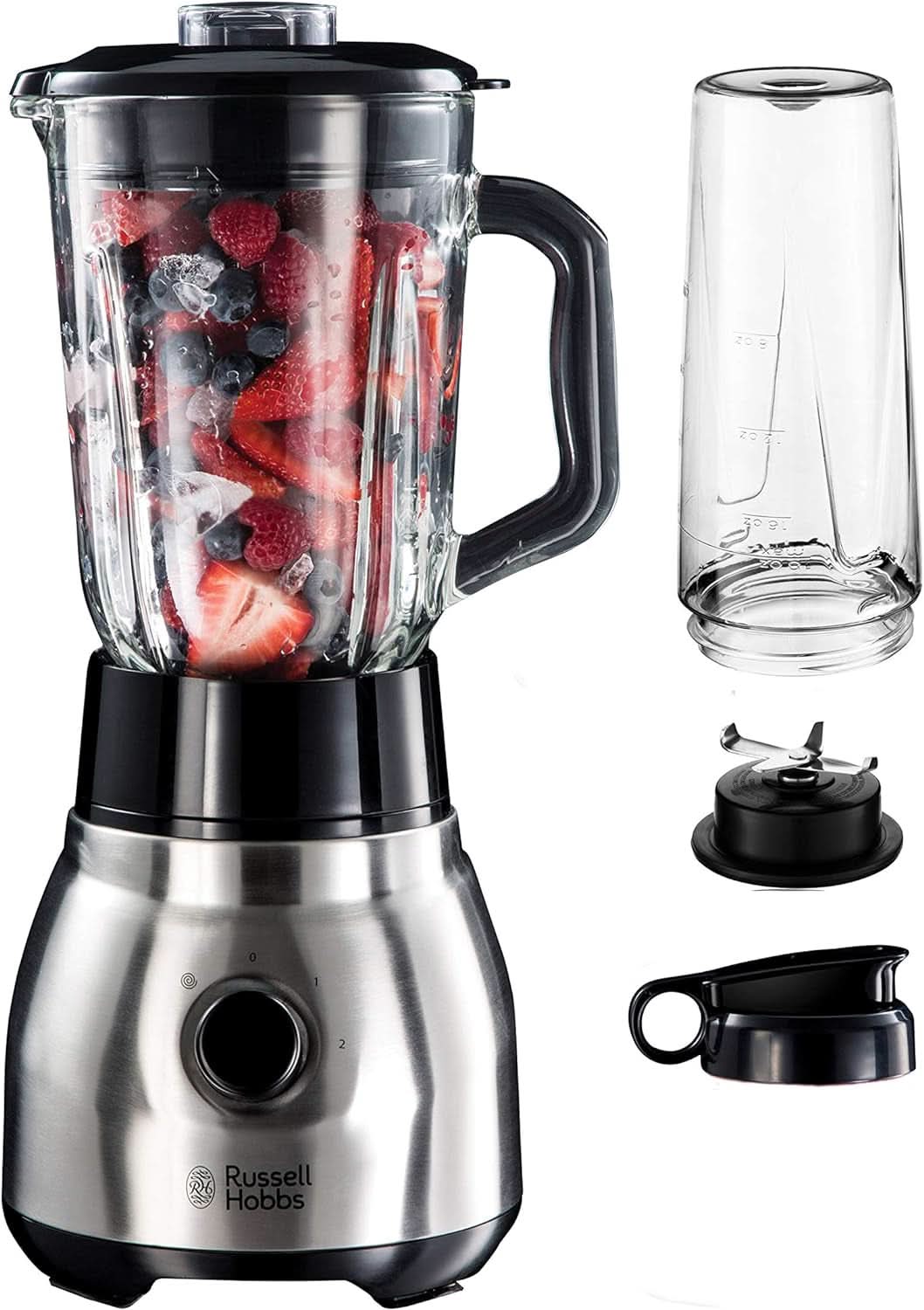 Russell Hobbs Batidora con base 2 en 1 [batidora con vaso de vidrio de 1,5 l y mini batidora de 0,6 l - To-Go-Trinkflasche Inkl. Deckel] Spülmaschinenfest, Función Impuls-/Ice-Crush, Becher BPA Frei, Edelstahl 23821-56 Kitchen Naty Shop Batidora de pie 2 en 1