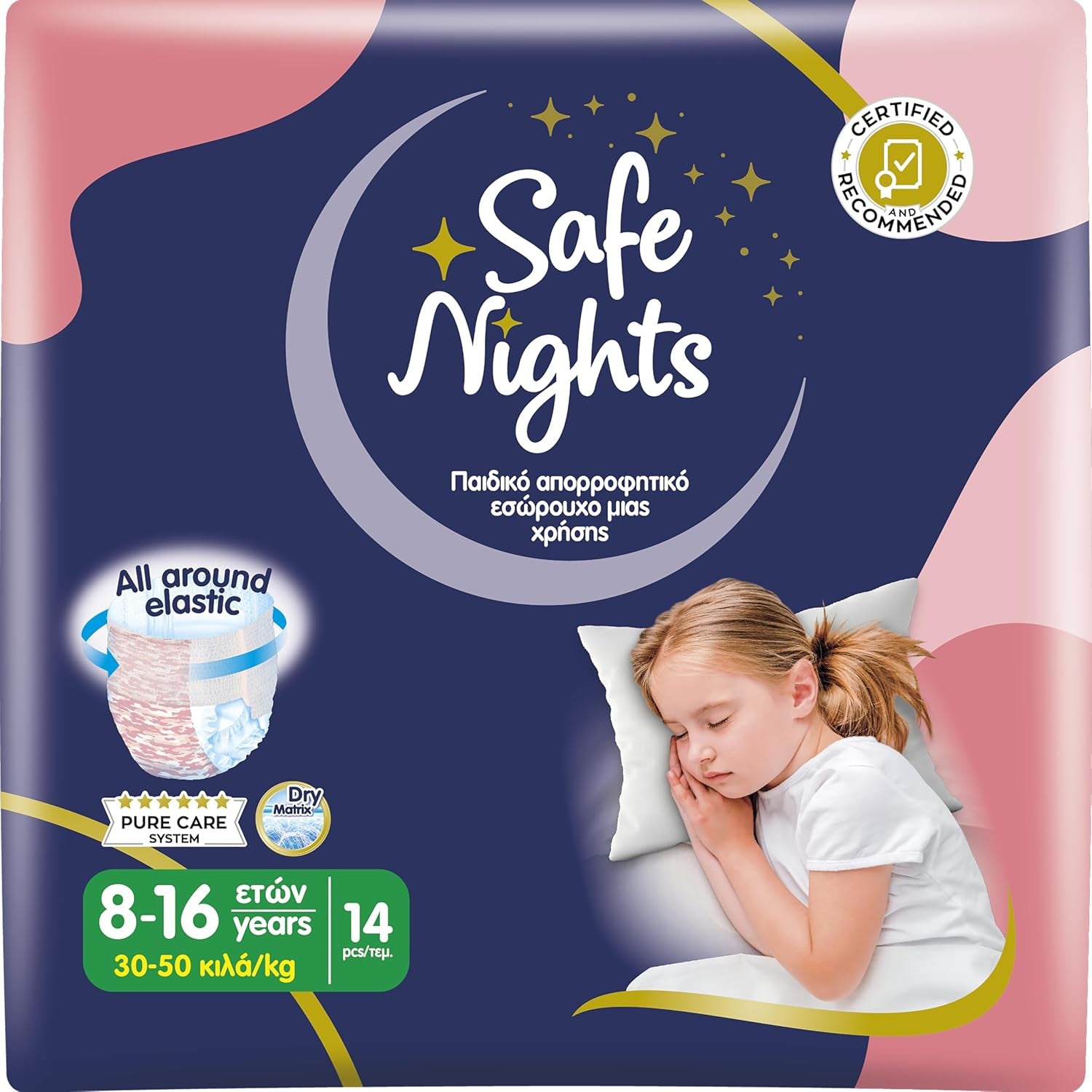 Safe Nights Girl, Ropa de dormir absorbente para niñas de 8 a 16 años (30 a 50 kg), paquete de 14
