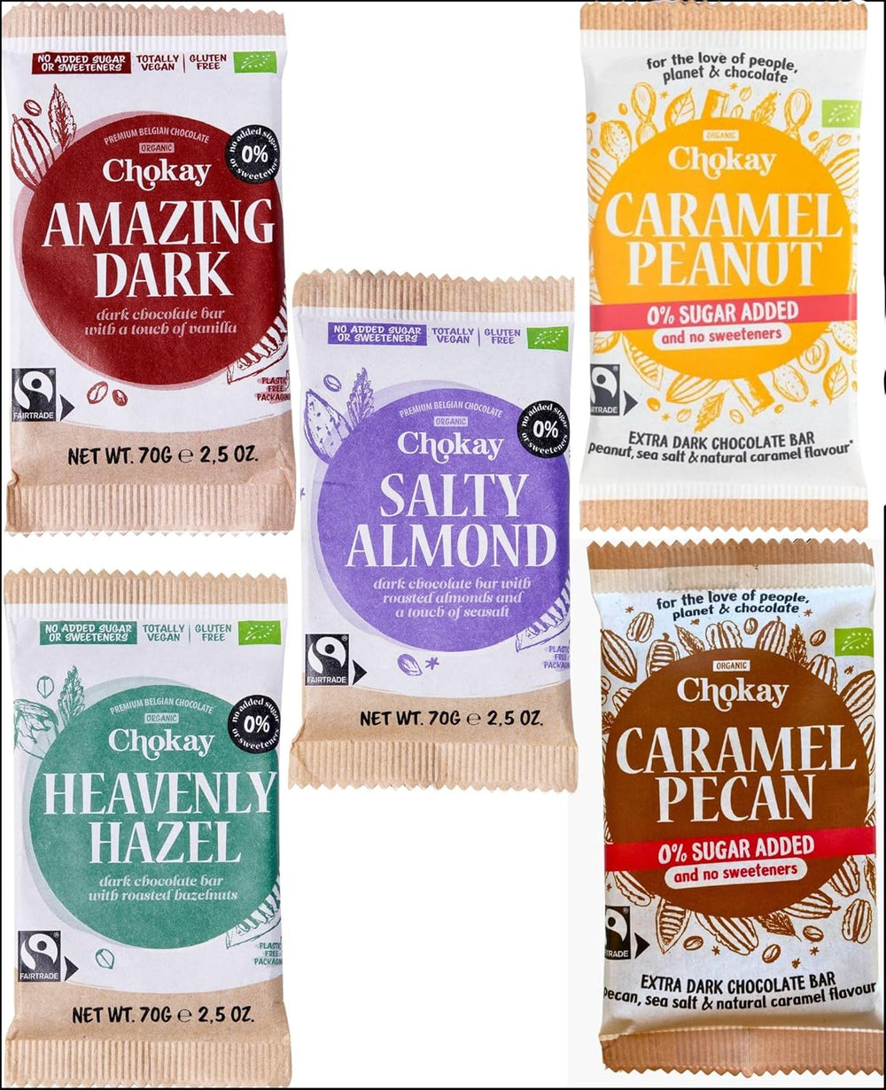 Barra orgánica - Juego de muestras de 4 piezas/Increíble negro, avellana, caramelo de nuez, almendra salada/Sin azúcar añadido, sin edulcorantes/VEGANO, SIN GLUTEN Y COMERCIO JUSTO / 4 x 70 g