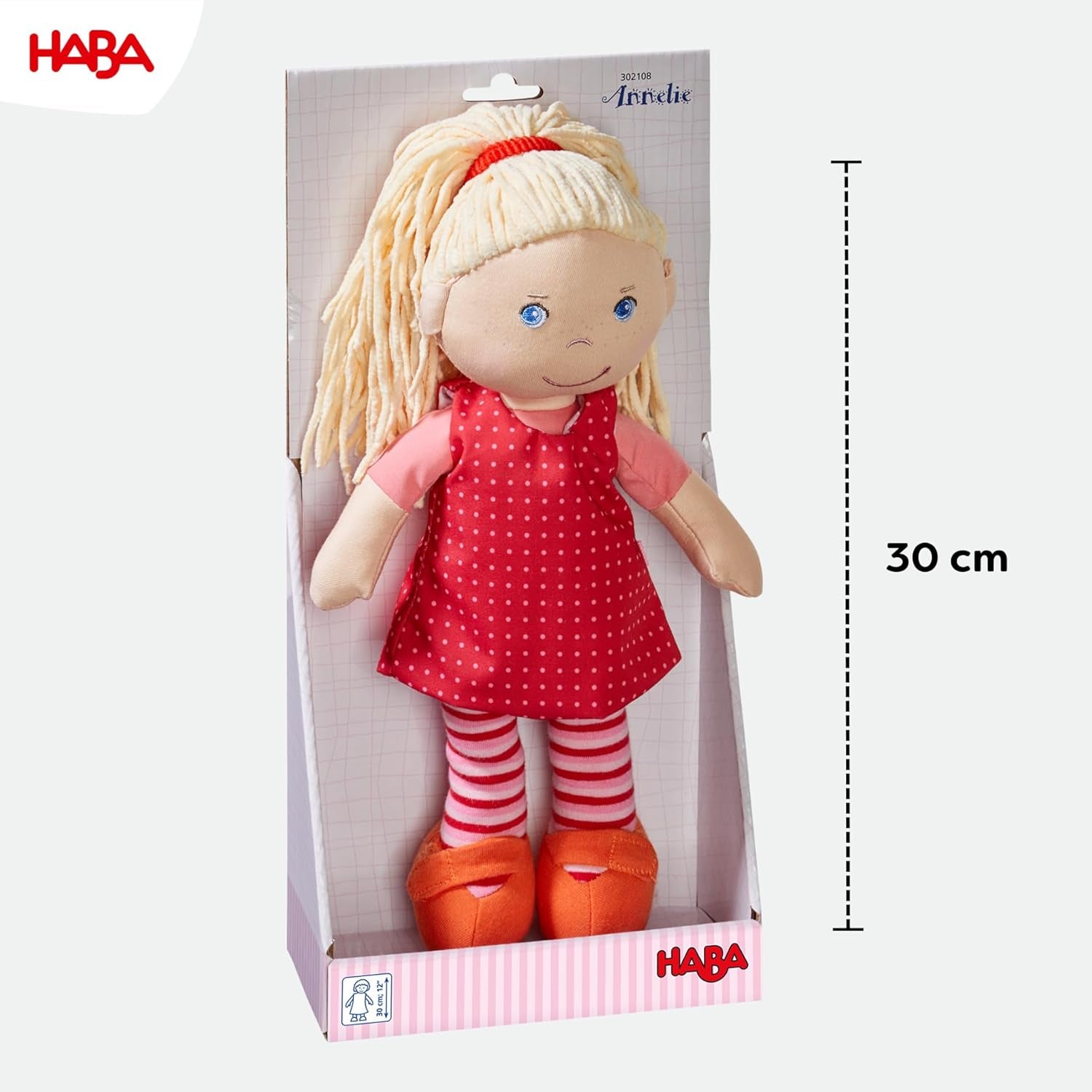 HABA Stoffpuppe Annelie – Weiche Puppe mit Haaren zum Stylen – Mit wechselbarer Kleidung – Ab 18 Monaten – 30 cm – Waschbar – 1302108001