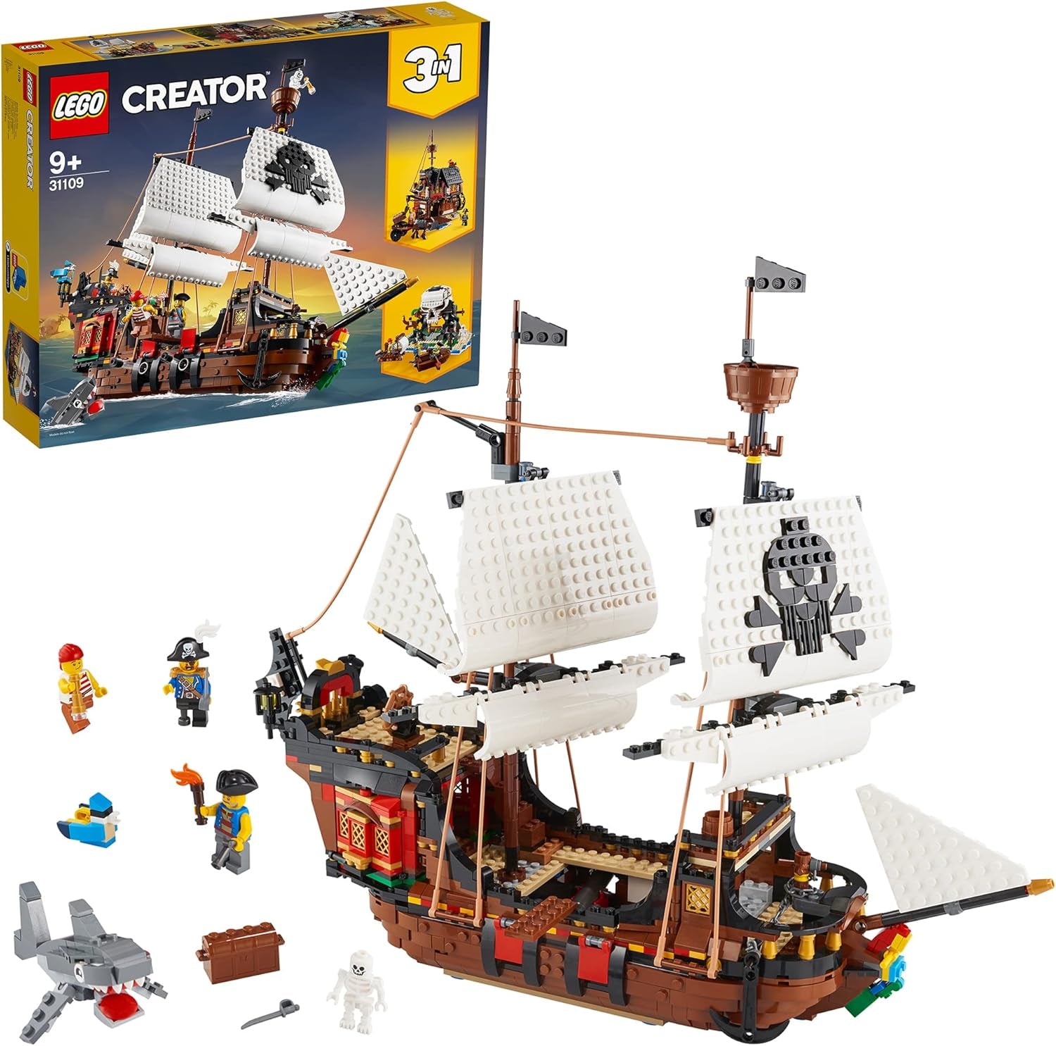 LEGO Creator Juego de barco pirata 3 en 1, juguete con 3 opciones de construcción, construye una taberna pirata o una isla pirata calavera, incluye 3 minifiguras para aventuras de rol 31109 Juegos de construcción Besuche den LEGO-Store Embalaje estándar