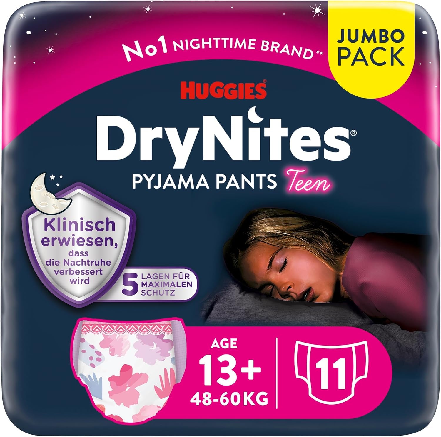 Huggies DryNites Pañales nocturnos para mojar la cama para niñas de 13 a aproximadamente 17 años (48-60 kg) 33 unidades (3 x 11) Paquete mensual gigante Calzoncillos de pañales XL