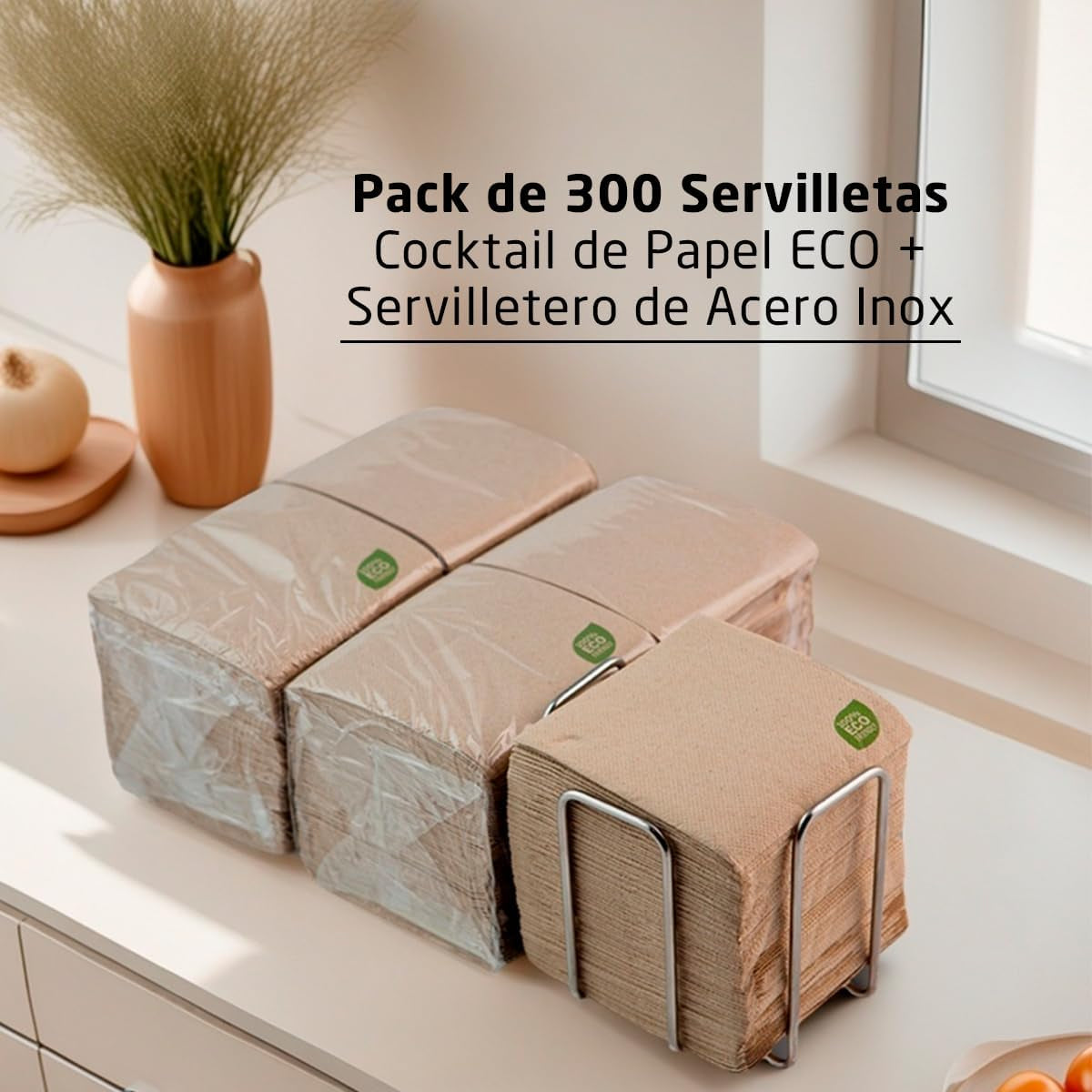 Pachet de 300 de șervețele de hârtie pentru cocktail, 100% reciclabile și biodegradabile, suport pentru șervețele de masă din oțel inoxidabil, șervețele ecologice, 10 X 10 cm, pliate.