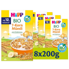 Muesli orgánico HiPP con 7 granos (8 x 200 g), a partir de 12 meses, sin azúcar añadido, trozos extra finos, fácil de masticar, la mejor calidad orgánica