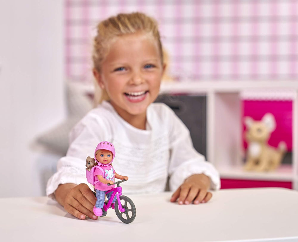 Simba 105733273 - Evi Love Ferienspaß Fahrrad, Puppe mit Fahrrad, Hund und Rucksack, Ankleidepuppe, 12cm, para niños de 3 años