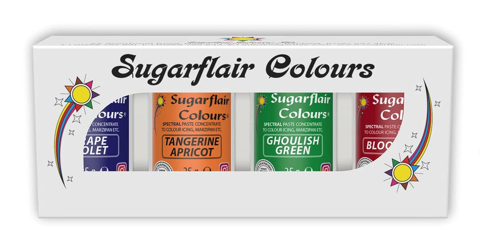 Set de coloranți alimentari pentru paste Sugarflair/4, coloranți alimentari pentru paste, fondant, marțipan, pastă de zahăr, cremă de unt și multe altele: Verde macabru, Violet struguri, Roșu sângeriu