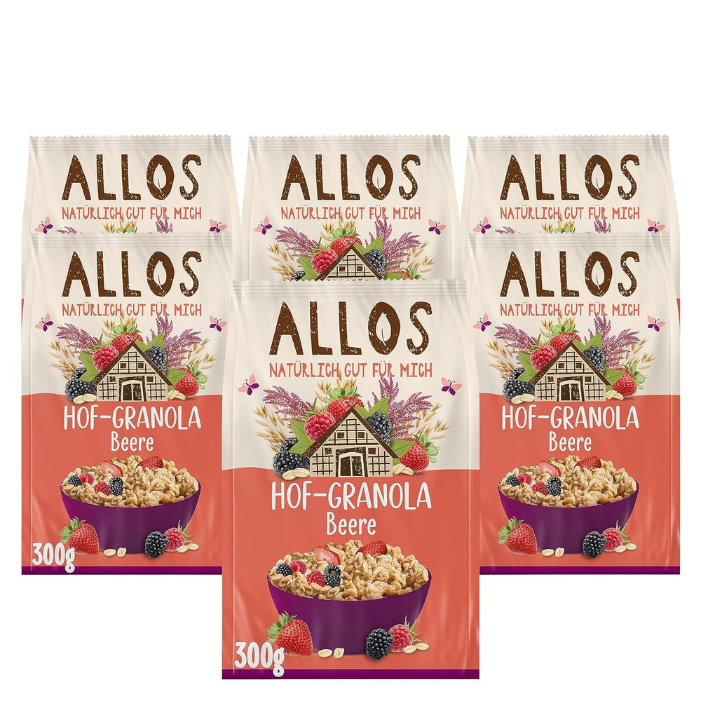 Granola Allos Hof con frutos rojos | Muesli orgánico | Muesli con frutos rojos | Muesli crujiente | Cereales para el desayuno | Paquete de 6 (6 x 300 g), 1 pieza (paquete de 6)