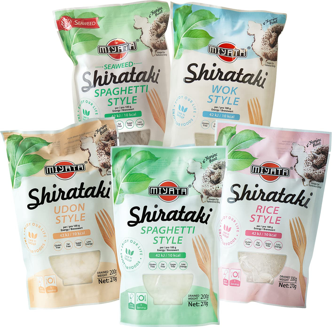 Miyata Shirataki Caja Mixta de 5 Variedades Diferentes, Fideos de Harina Konjac, 5 Paquetes (5 x 270g)