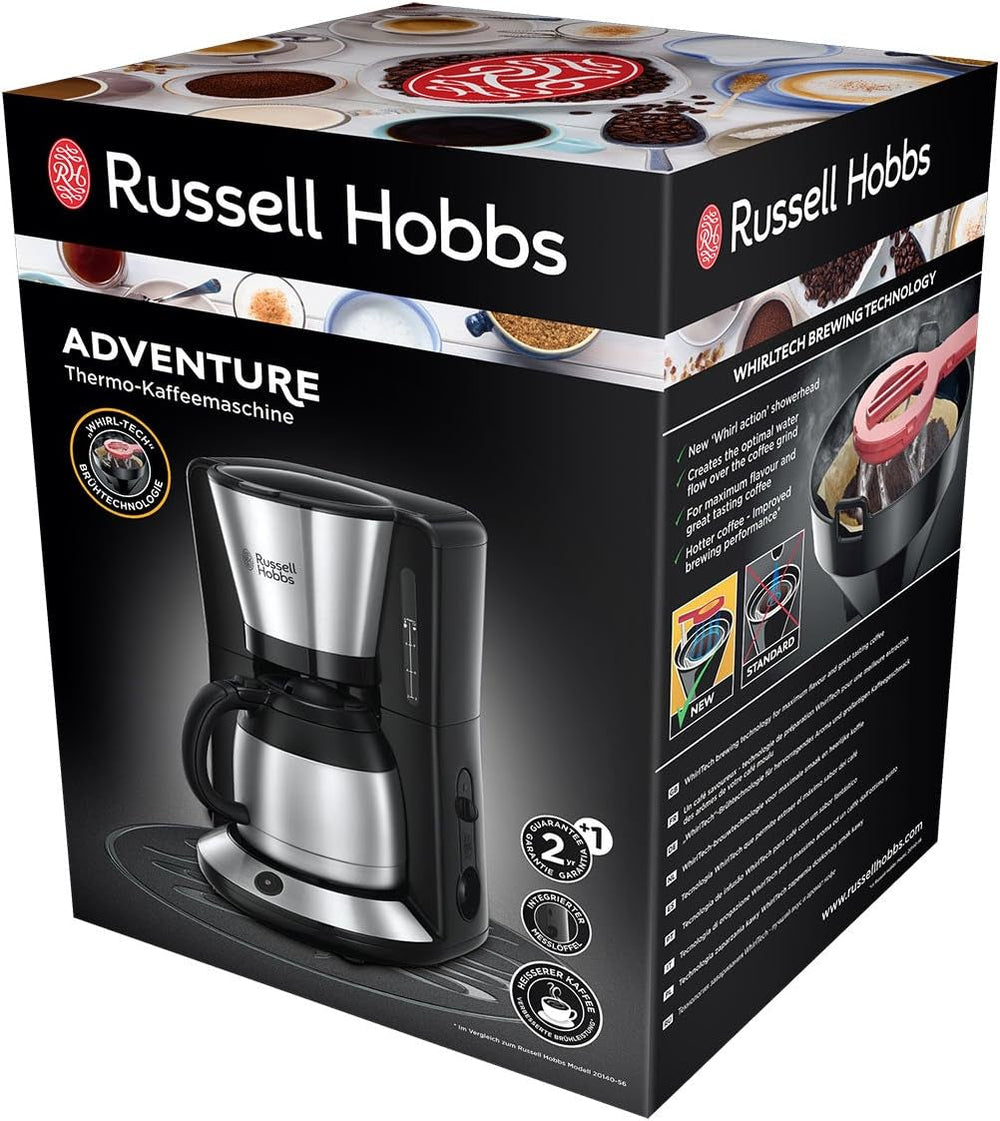 Cafetieră Russell Hobbs [Cap de duș pentru extracție și aromă optime] Adventure (1 până la 8 cești, carafă termică de 1,0 l, oprire automată, sistem anti-picurare, 1100 W) Cafetieră cu filtru 24020-56