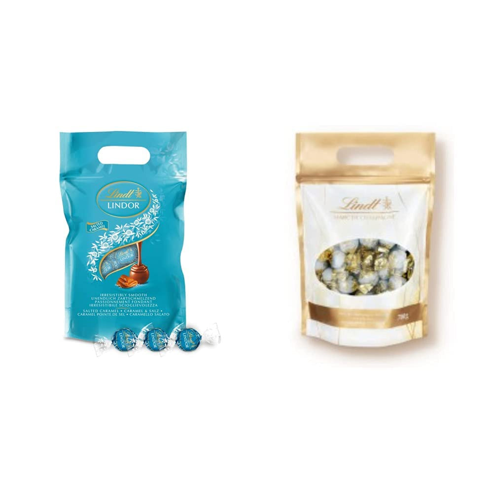 LINDOR bolitas de chocolate con caramelo salado | aprox. 80 bolas de chocolate con leche con relleno de caramelo salado | Paquete a granel y bolas de chocolate Marc de Champagne | 700 gramos