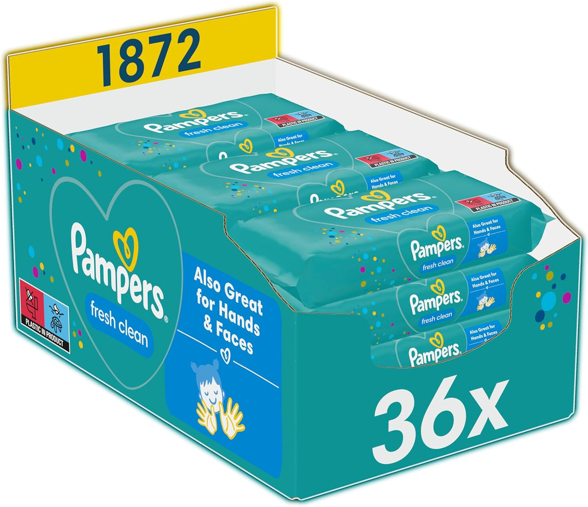 Pampers Fresh Clean Wet Wipes, 1872 toallitas (36x52 piezas), ligeramente perfumadas, también aptas para manos y rostro