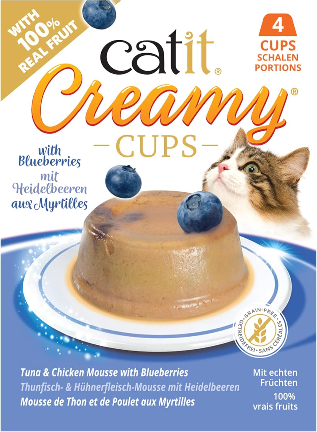 Catit Creamy Cups, Ton și Pui cu Afine, 4x25g