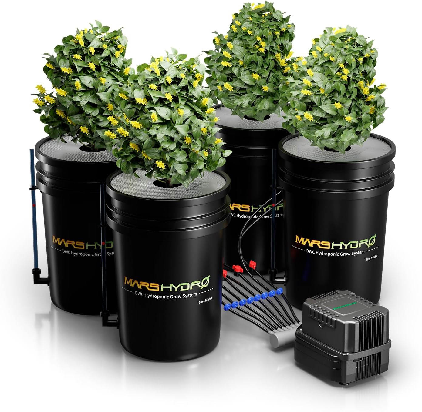 Mars Hydro DWC Sistema de cultivo hidropónico, cultivo de agua profunda de 5 galones, bomba de aire de 8 W, manguera de aire multiusos, piedra de aire, 2 cubos y kit de recipiente de goteo