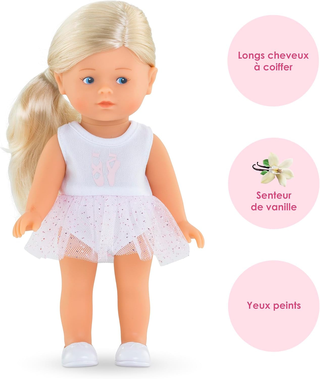 Les Trends Mini Corolline Rosy Ballerina Set, Vollvinylpuppe mit langem Haar, extra Outfit in Geschenkbox, Vanilleduft, 20cm, ab 3 Jahren