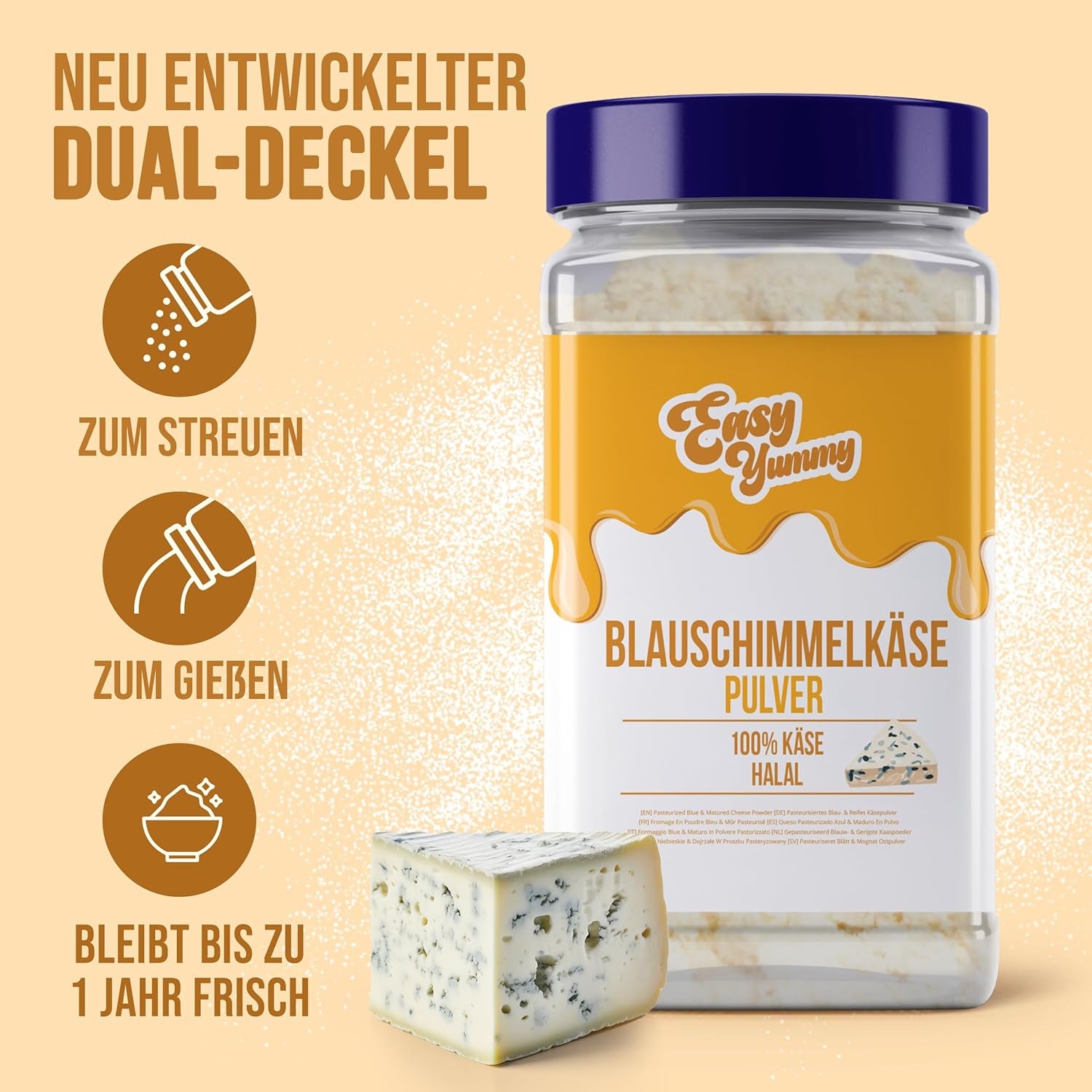 EASY YUMMY - Käsepulver 300g | Käsegeschmack instantáneo para Mahlzeiten y snacks | Immer Bereit, Keine Kühlung Nötig | Queso 100% auténtico | Ideal como cobertura para palomitas de maíz